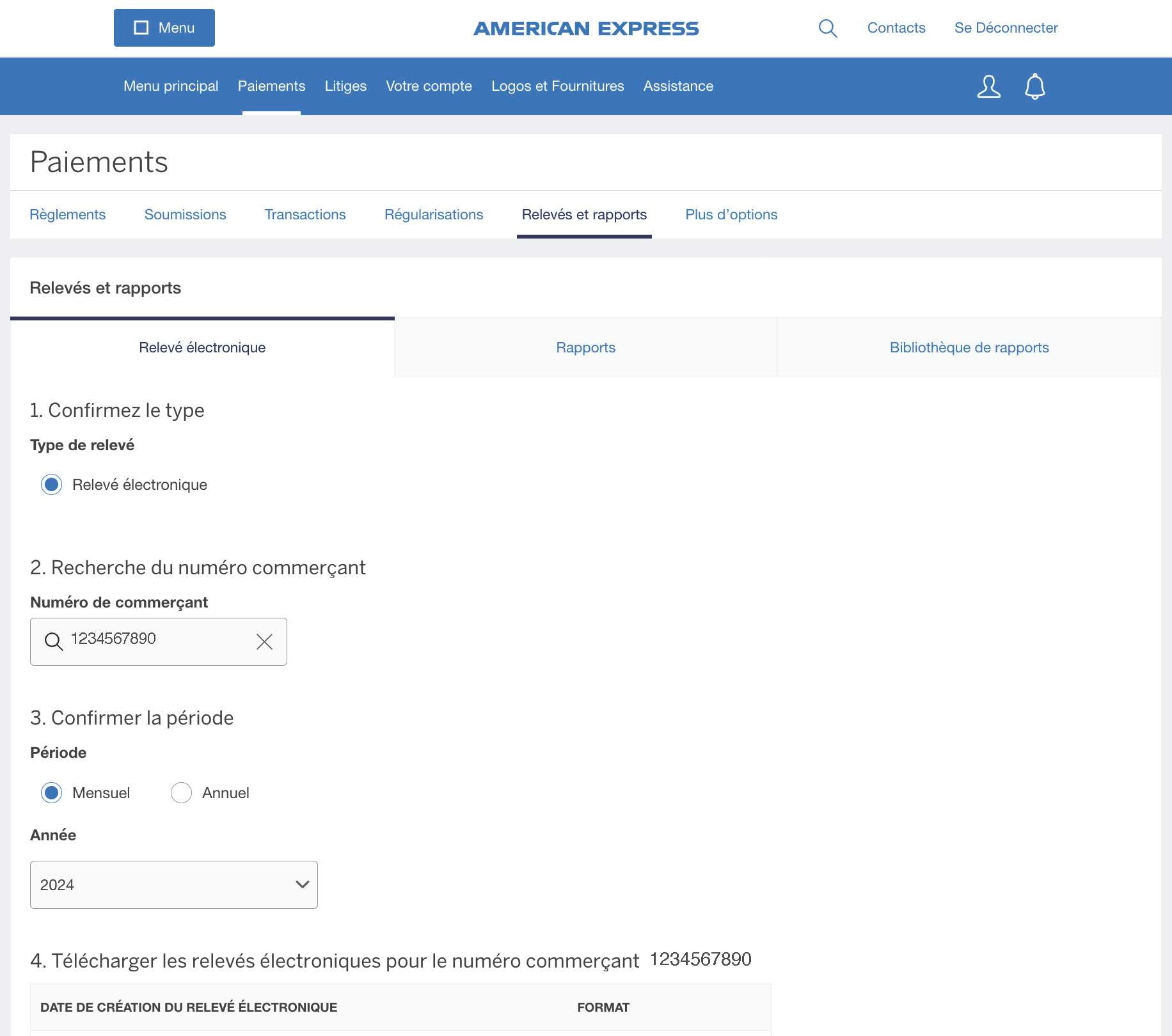 Screenshot of options for downloading E-Statements