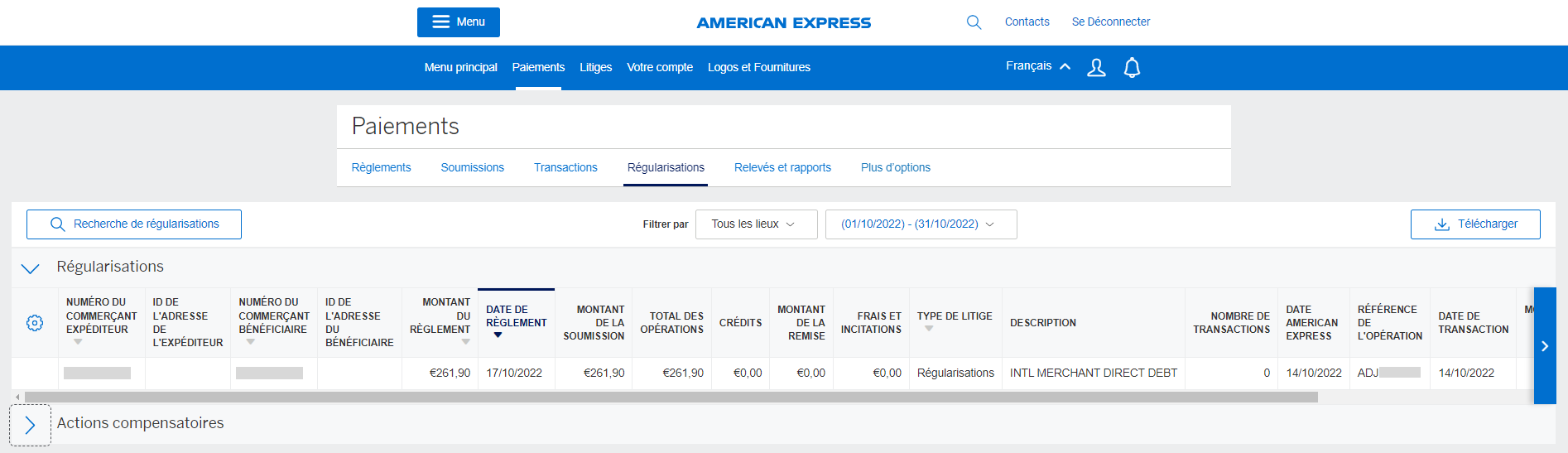 Screenshot of adjustments and chargeback data