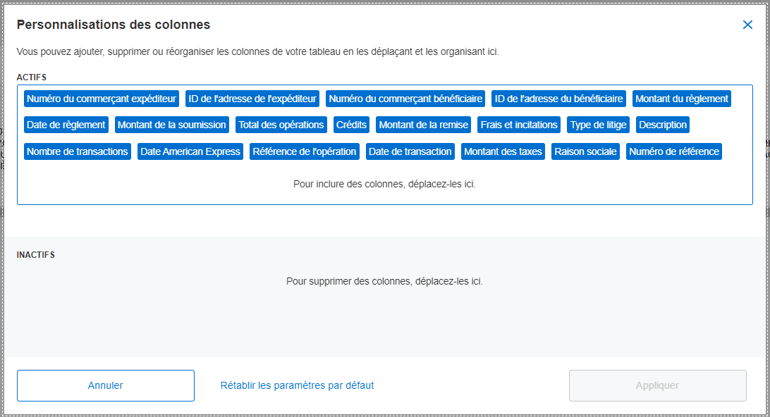 Screenshot of column customization options