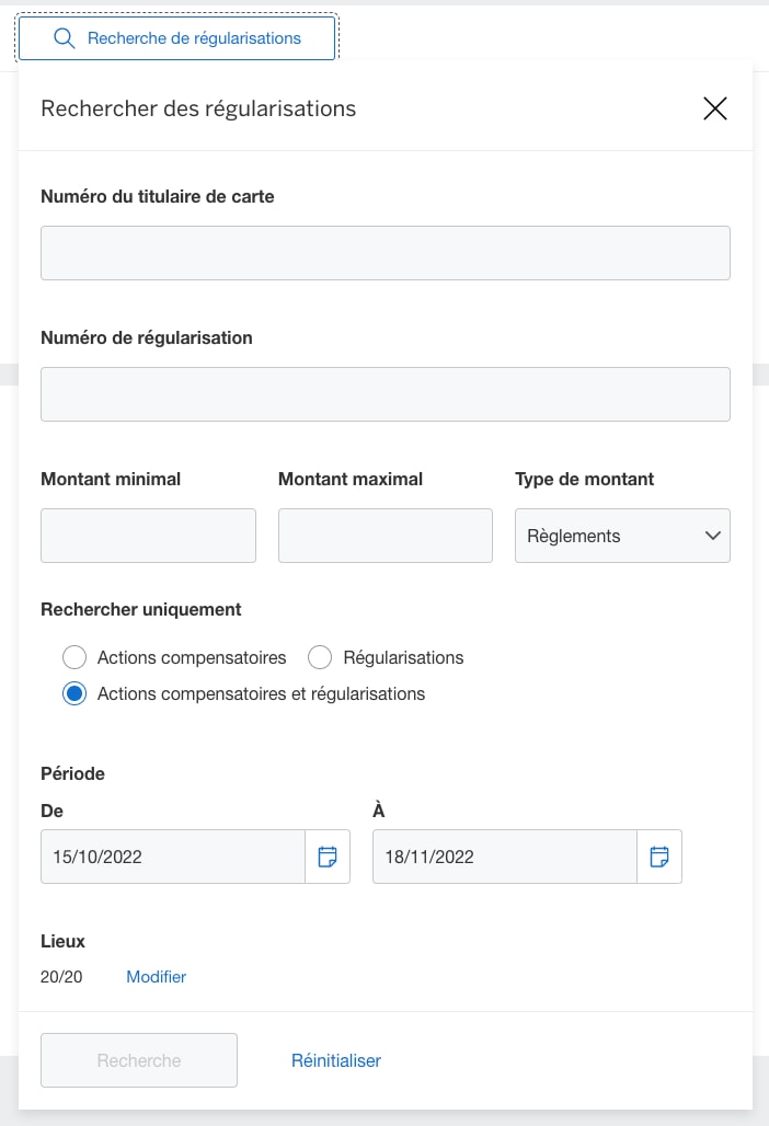 Screenshot of search options