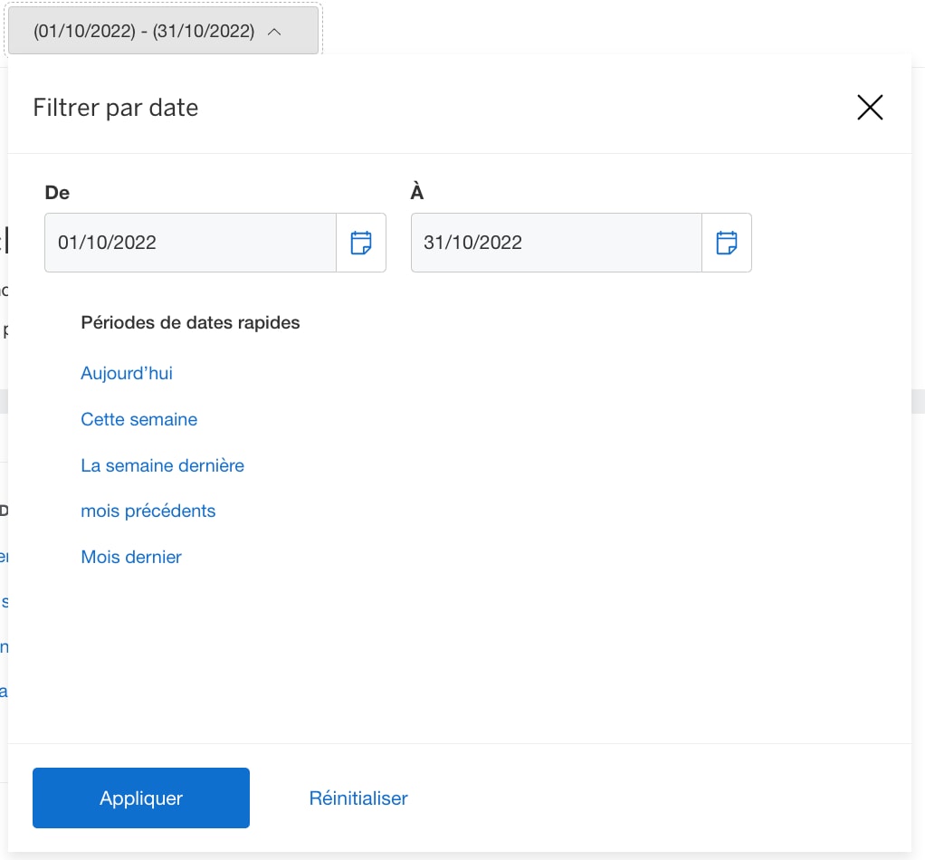 Screenshot of filtering by date