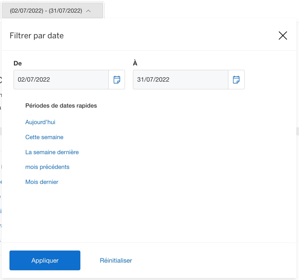 Screenshot of filtering by date