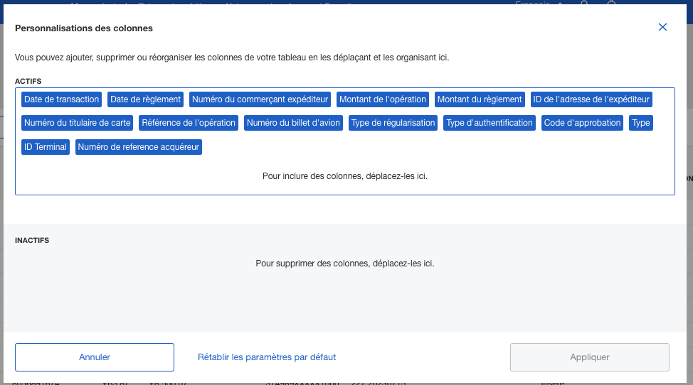 Screenshot of column customization options