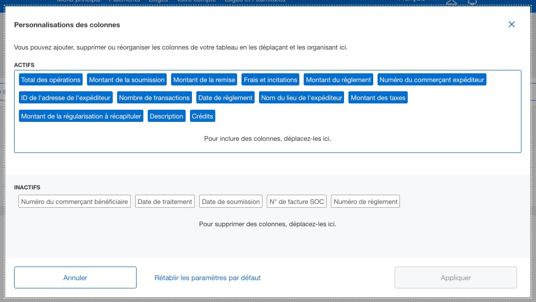 Screenshot of column customization options