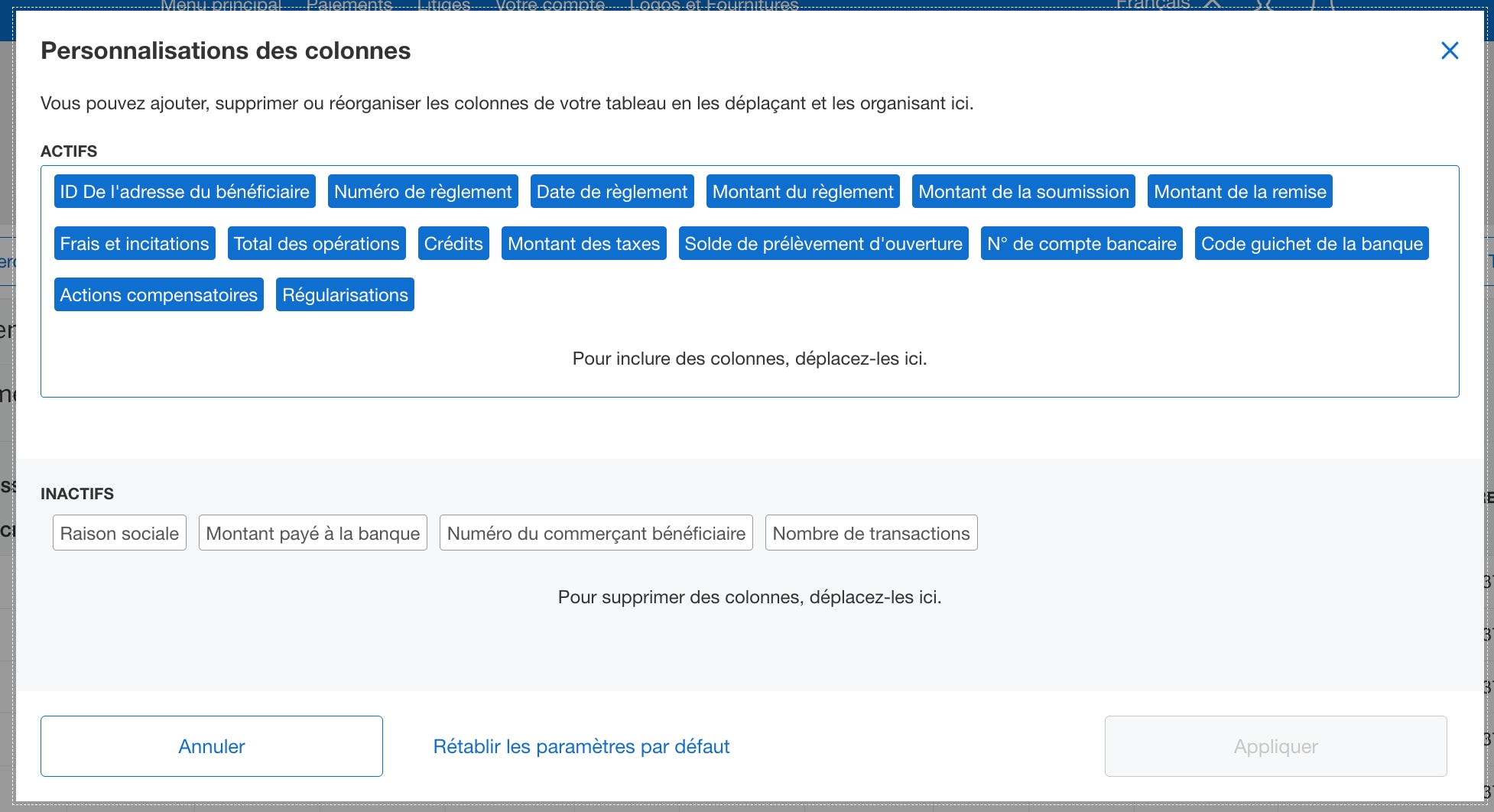 Screenshot of column customization options