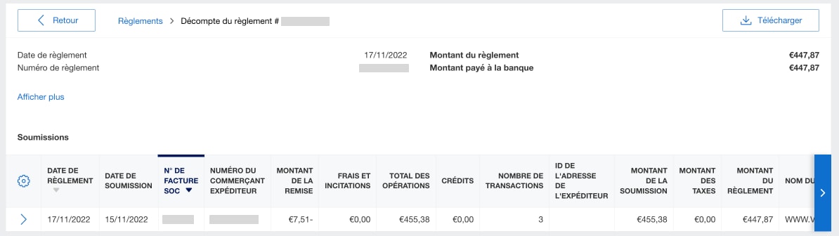 Screenshot of the breakdown of a settlement