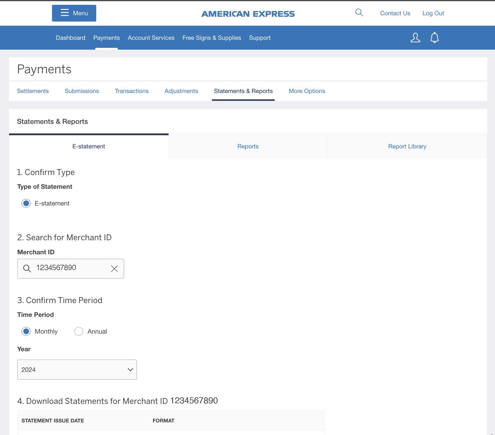 Screenshot of options for downloading E-Statements