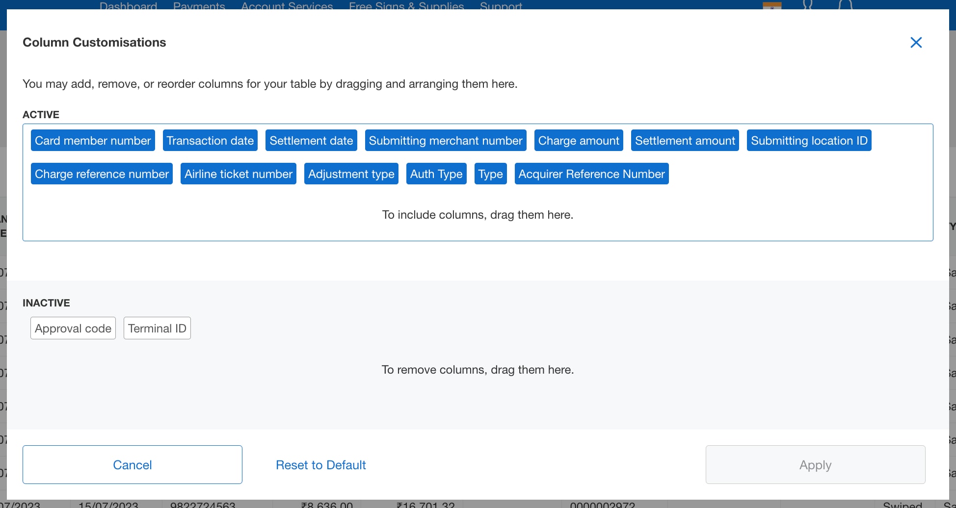 Screenshot of column customization options