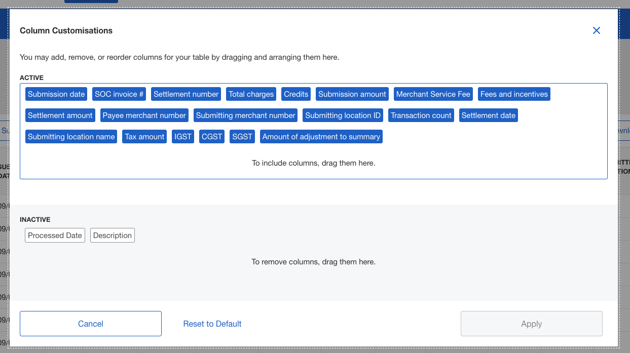 Screenshot of column customization options