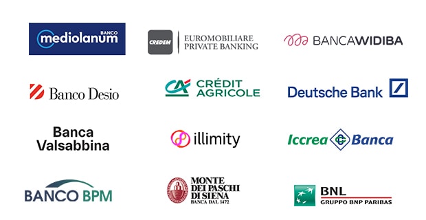 Loghi banche che collocano i prodotti american express: mediolanum, credit agricole, banco bpm, bnl, e tante altre