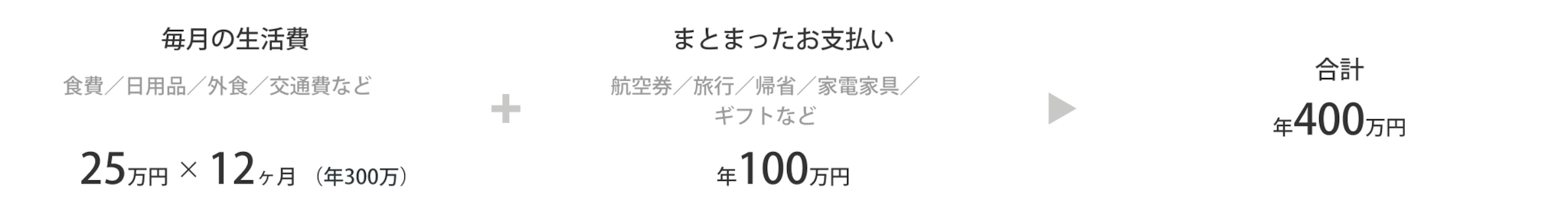 食費・日用品・外食・交通費などの毎月の生活費25万円を12か月で年間300万円、航空券・旅行・帰省・家電・家具・ギフトなどのまとまったお支払い年間100万円、合計年間400万円のご利用例。