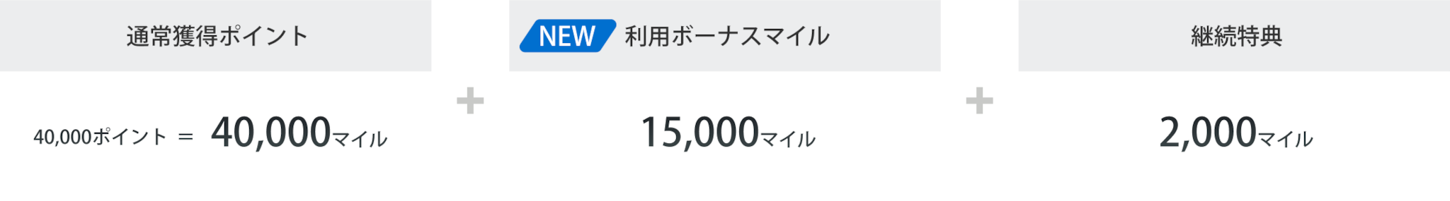 通常獲得ポイント40,000ポイント（40,000マイル相当）、利用ボーナスマイル15,000マイル、継続特典2,000マイル。