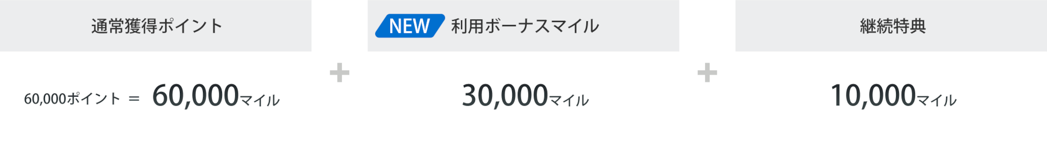 通常獲得ポイント60,000ポイント（60,000マイル相当）、利用ボーナスマイル30,000マイル、継続特典20,000マイル。