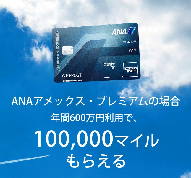 ANAアメックス・プレミアムの場合、年間600万円利用で100,000マイルもらえる。