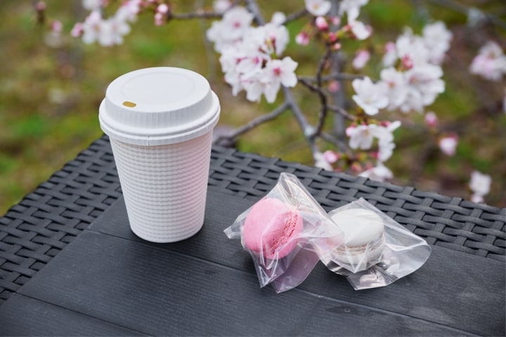 庭園のカフェにて　さくらティーとマカロンで優雅なお花見
