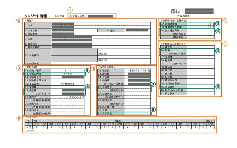 信用情報開示報告書：契約中のクレジットカードの情報の画像