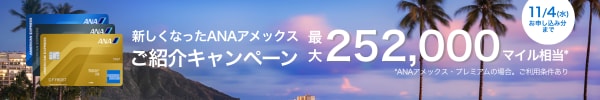 新しくなったANAアメックス
ご紹介キャンペーン
最大252,000マイル相当