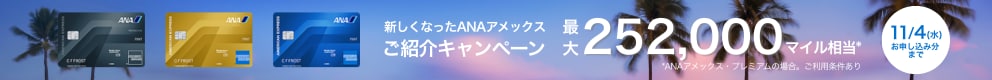 新しくなったANAアメックス
ご紹介キャンペーン
最大252,000マイル相当