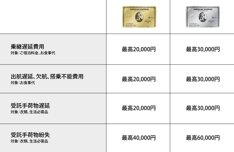乗継遅延費用 対象：ご宿泊料金、お食事代 ビジネスゴールドの場合最高20,000円 ビジネスプラチナの場合 最高30,000円／出航遅延、欠航、搭乗不能費用 対象：お食事代  ビジネスゴールドの場合最高20,000円 ビジネスプラチナの場合 最高30,000円／受託手荷物遅延 対象：衣類、生活必需品  ビジネスゴールドの場合最高20,000円 ビジネスプラチナの場合 最高30,000円／受託手荷物紛失 対象：衣類、生活必需品  ビジネスゴールドの場合最高40,000円 ビジネスプラチナの場合 最高60,000円