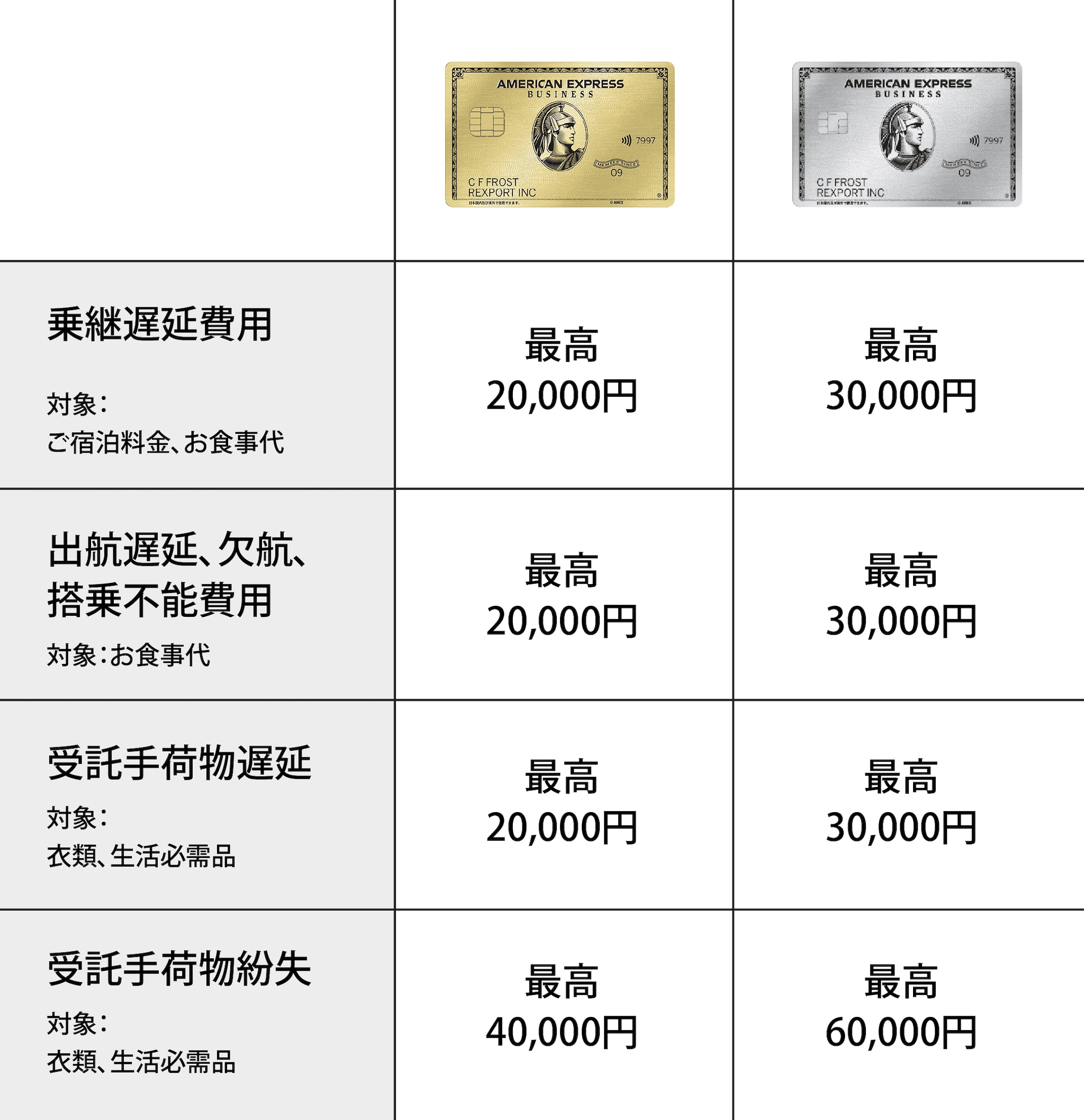 乗継遅延費用 対象：ご宿泊料金、お食事代 ビジネスゴールドの場合最高20,000円 ビジネスプラチナの場合 最高30,000円／出航遅延、欠航、搭乗不能費用 対象：お食事代  ビジネスゴールドの場合最高20,000円 ビジネスプラチナの場合 最高30,000円／受託手荷物遅延 対象：衣類、生活必需品  ビジネスゴールドの場合最高20,000円 ビジネスプラチナの場合 最高30,000円／受託手荷物紛失 対象：衣類、生活必需品  ビジネスゴールドの場合最高40,000円 ビジネスプラチナの場合 最高60,000円
