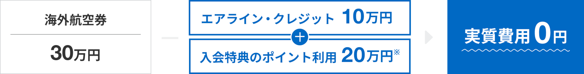 海外航空券30万円分の購入費用が、エアライン・クレジット10万円分と入会特典ポイント20万円分で充当することで、実質費用0円となります