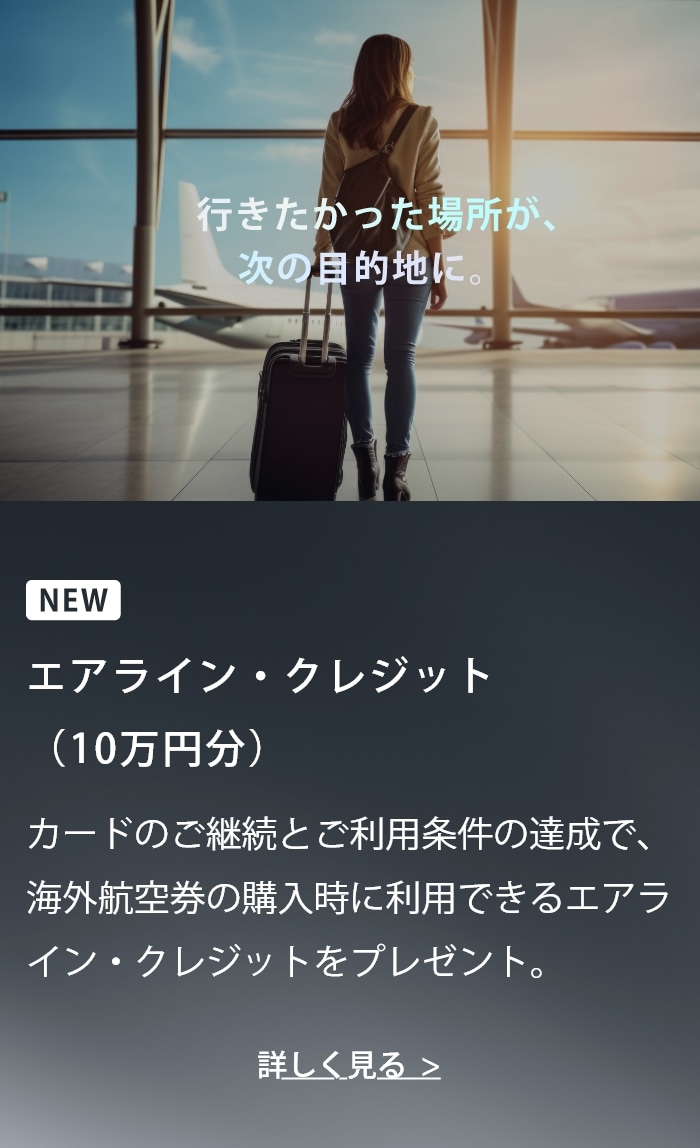 行きたかった場所が、次の目的地に。NEW エアライン・クレジット(10万円分) カードのご継続とご利用条件の達成で、海外航空券の購入時に利用できるエアライン・クレジットをプレゼント。 詳しく見る