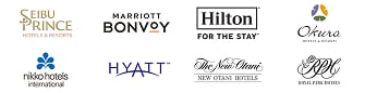 Seibu Prince Hotels & Resorts、Marriott Bonvoy、Hilton Hotels & Resorts、Okura Hotels & Resorts、Nikko Hotels International、Hyatt Hotels Corporation、New Otani Hotels、Royal Park Hotels