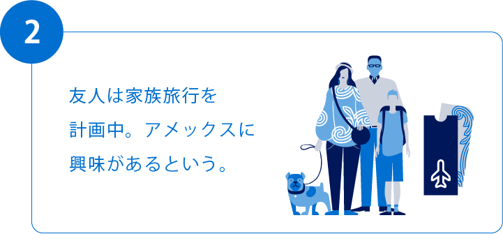 2.友人は家族旅行を計画中。アメックスに興味があるという。
