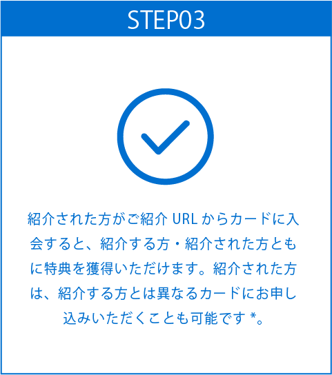 STEP03
紹介された方がご紹介URLからカードに入会すると、紹介する方・紹介された方ともに特典を獲得いただけます。紹介された方は、紹介する方とは異なるカードにお申し込みいただくことも可能です*。
