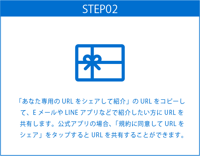 「あなた専用のURLをシェアして紹介」のURLをコピーして、EメールやLINEアプリなどで紹介したい方にURLを共有します。公式アプリの場合、「規約に同意してURLをシェア」をタップするとURLを共有することができます。