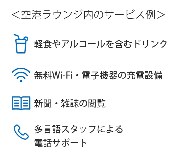 空港内では、軽食やアルコールを含むドリンク、新聞・雑誌の閲覧、無料Wi-Fi・電子機器の充電設備をご利用いただけます。また、多言語スタッフによる電話サポートもご利用になれます。