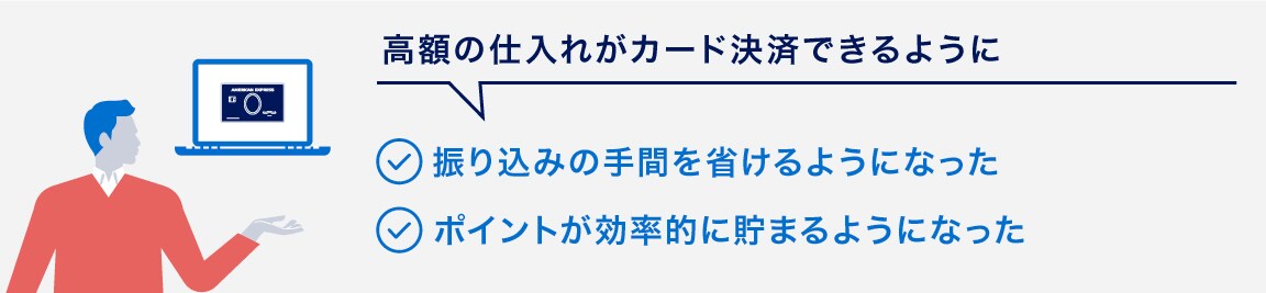 高額の仕入れがカード決済できるように
振り込みの手間を省けるようになった
ポイントが効率的に貯まるようになった