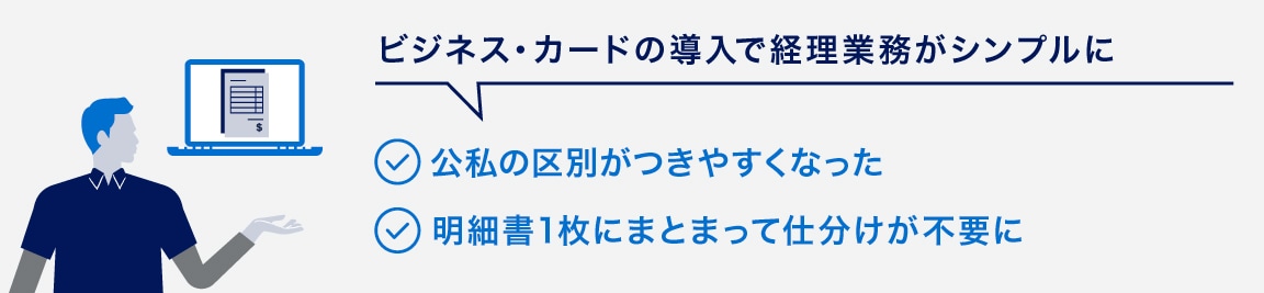 ビジネス・カードの導入で経理業務がシンプルに
公私の区別がつきやすくなった
明細書1枚にまとまって仕分けが不要に