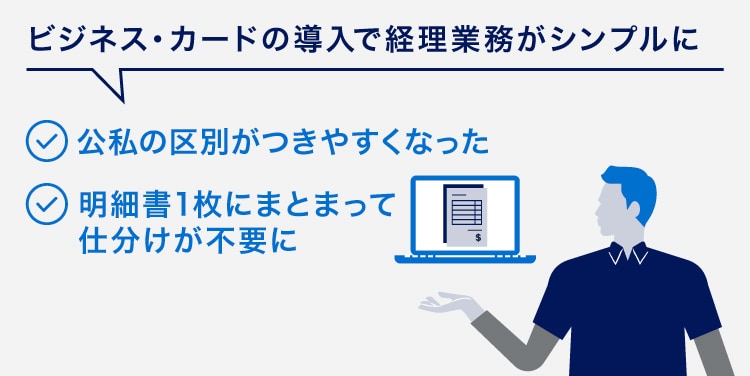 ビジネス・カードの導入で経理業務がシンプルに
公私の区別がつきやすくなった
明細書1枚にまとまって仕分けが不要に