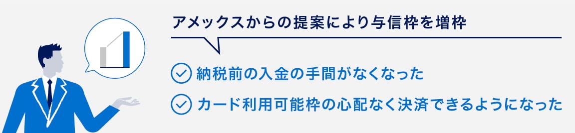 アメックスからの提案により与信枠を増枠
納税前の入金の手間がなくなった
カード利用可能枠の心配なく決済できるようになった