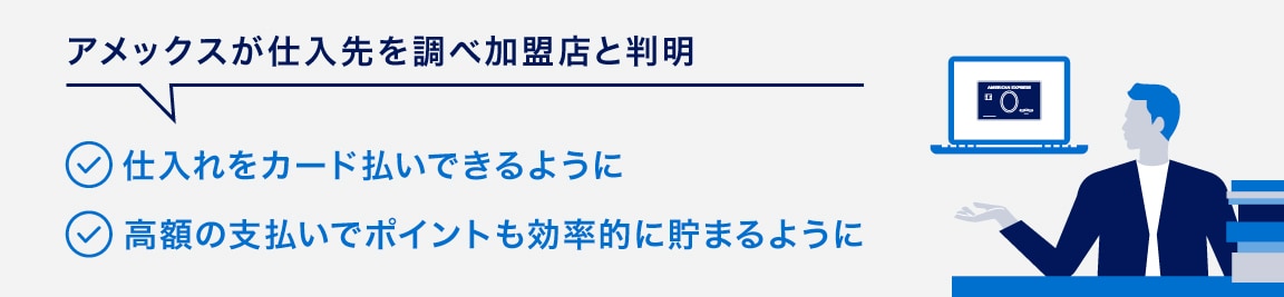 アメックスが仕入先を調べ加盟店と判明
仕入れをカード払いできるように
高額の支払いでポイントも効率的に貯まるように