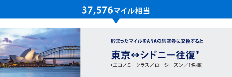 37,576マイル相当
貯まったマイルをANAの航空券に交換すると
東京↔シドニー往復＊
（エコノミークラス／ローシーズン／1名様）