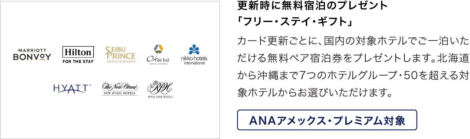 更新時に無料宿泊のプレゼント「フリー・ステイ・ギフト」カード更新ごとに、国内の対象ホテルでご一泊いただける無料ペア宿泊券をプレゼントします。北海道から沖縄まで7つのホテルグループ・50を超える対象ホテルからお選びいただけます。ANAアメックス・プレミアム対象