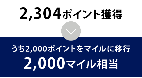 2,304ポイント獲得
うち2,000ポイントをマイルに移行2,000マイル相当