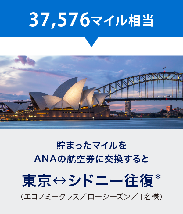 37,576マイル相当
貯まったマイルをANAの航空券に交換すると
東京↔シドニー往復＊
（エコノミークラス／ローシーズン／1名様）