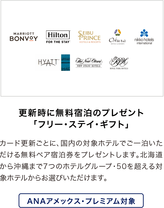 更新時に無料宿泊のプレゼント「フリー・ステイ・ギフト」カード更新ごとに、国内の対象ホテルでご一泊いただける無料ペア宿泊券をプレゼントします。北海道から沖縄まで7つのホテルグループ・50を超える対象ホテルからお選びいただけます。ANAアメックス・プレミアム対象