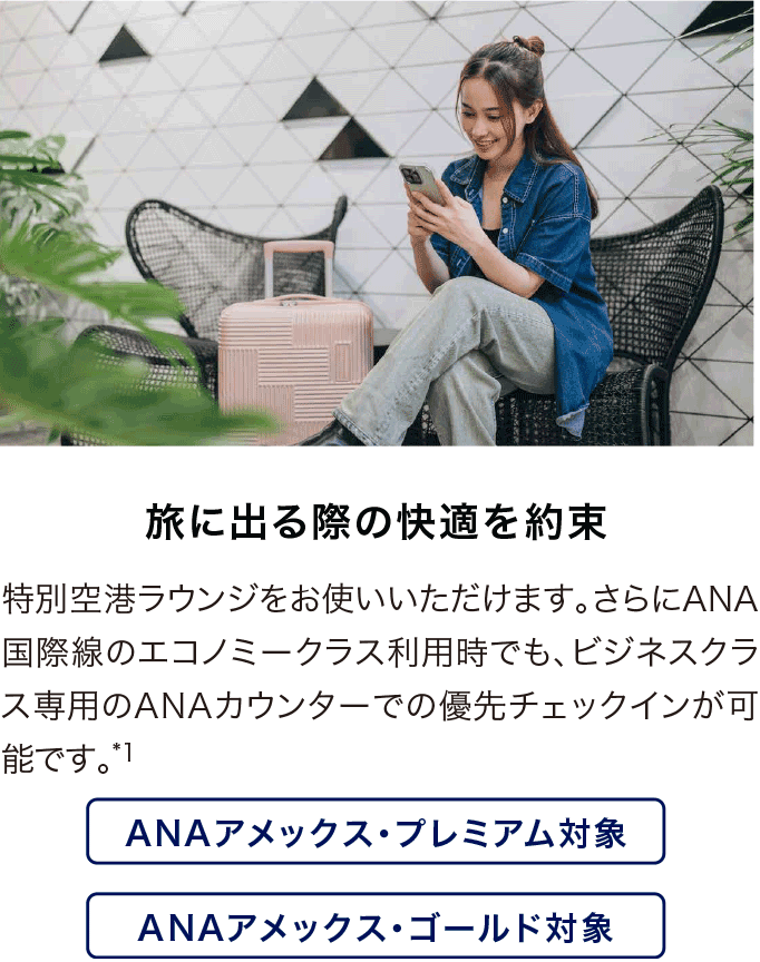 旅に出る際の快適を約束 特別空港ラウンジをお使いいただけます。さらにANA国際線のエコノミークラス利用時でも、ビネネスクラス専用のANAカウンターでの優先チェックインが可能です*1。 ANAアメックス・プレミアム対象