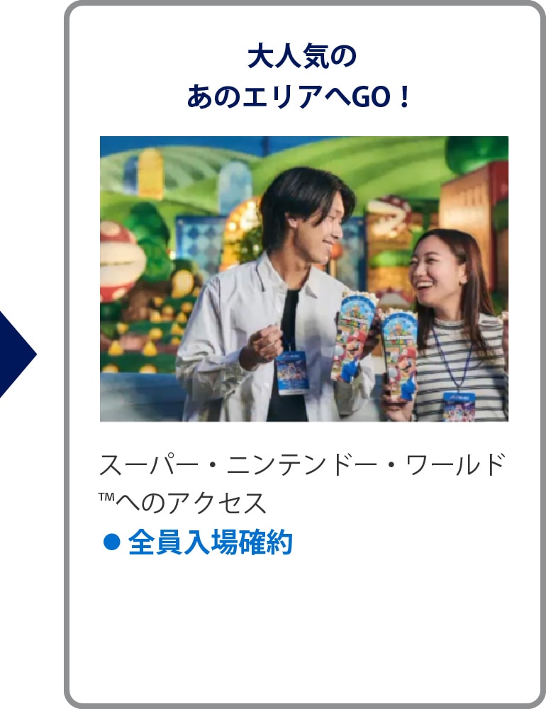 大人気のあのエリアへGO！
スーパー・ニンテンドー・ワールド™へのアクセス
• 全員入場確約