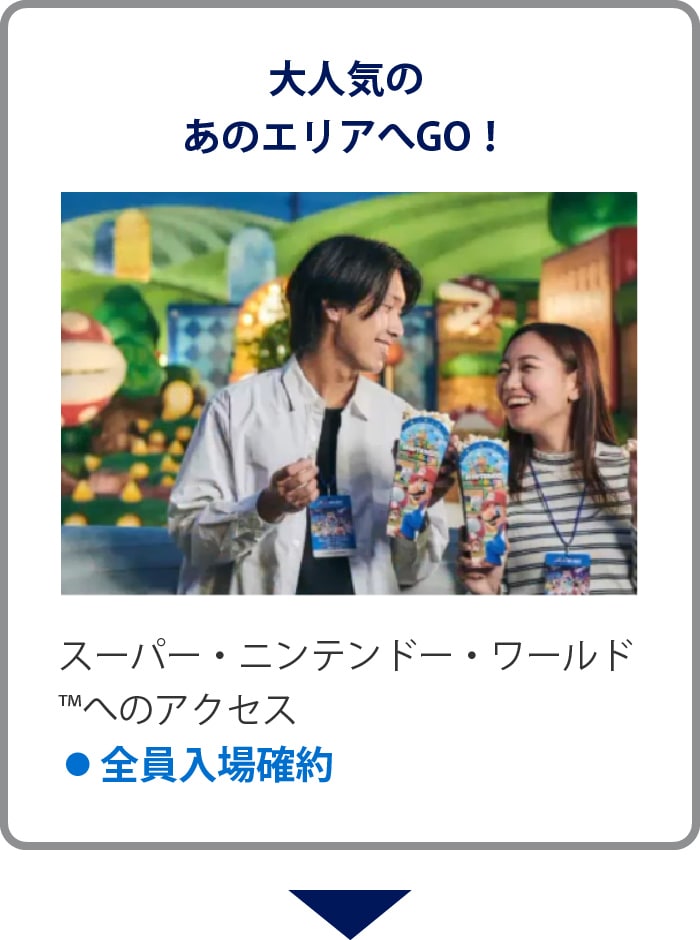 大人気のあのエリアへGO！
スーパー・ニンテンドー・ワールド™へのアクセス
• 全員入場確約