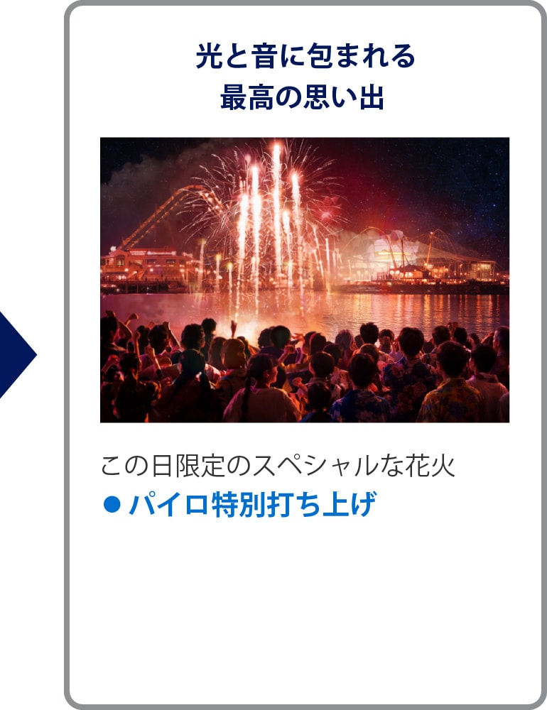 光と音に包まれる最高の思い出
この日限定のスペシャルな花火
• パイロ特別打ち上げ