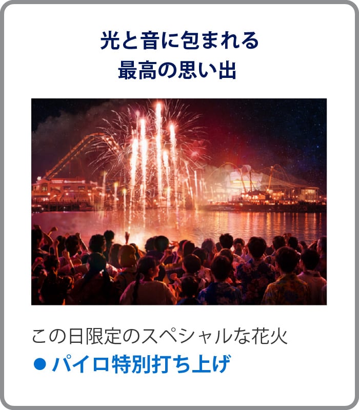 光と音に包まれる最高の思い出
この日限定のスペシャルな花火
• パイロ特別打ち上げ