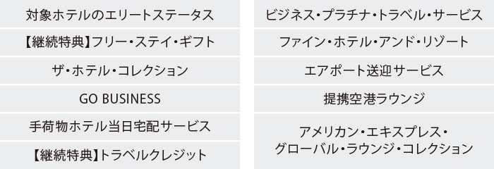 対象ホテルのエリートステータス
【継続特典】フリー・ステイ・ギフト
ザ・ホテル・コレクション
GO BUSINESS
手荷物ホテル当日宅配サービス
【継続特典】トラベルクレジット
ビジネス・プラチナ・トラベル・サービス
ファイン・ホテル・アンド・リゾート
エアポート送迎サービス
提携空港ラウンジ
アメリカン・エキスプレス・グローバル・ラウンジ・コレクション
