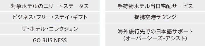 対象ホテルのエリートステータス
ビジネス・フリー・ステイ・ギフト
ザ・ホテル・コレクション
GO BUSINESS
手荷物ホテル当日宅配サービス
提携空港ラウンジ
海外旅行先での日本語サポート（オーバーシーズ・アシスト）