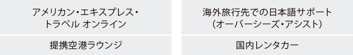 アメリカン・エキスプレス・トラベル オンライン
提携空港ラウンジ
海外旅行先での日本語サポート（オーバーシーズ・アシスト）
国内レンタカー