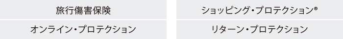 旅行傷害保険
オンライン・プロテクション
ショッピング・プロテクション®
リターン・プロテクション